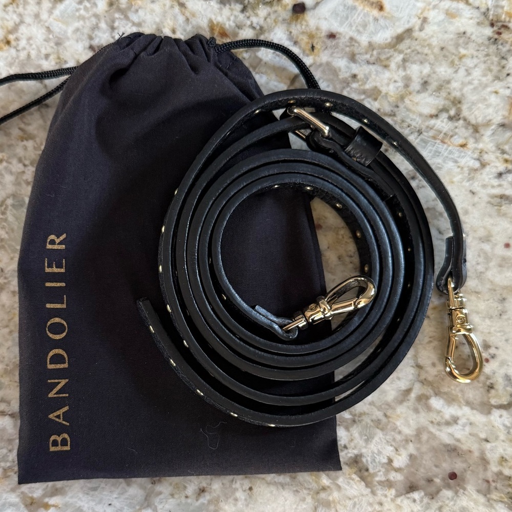 BANDOLIER “Nicole” Strap. Black Pebble Leather with Gold Accents, EUC